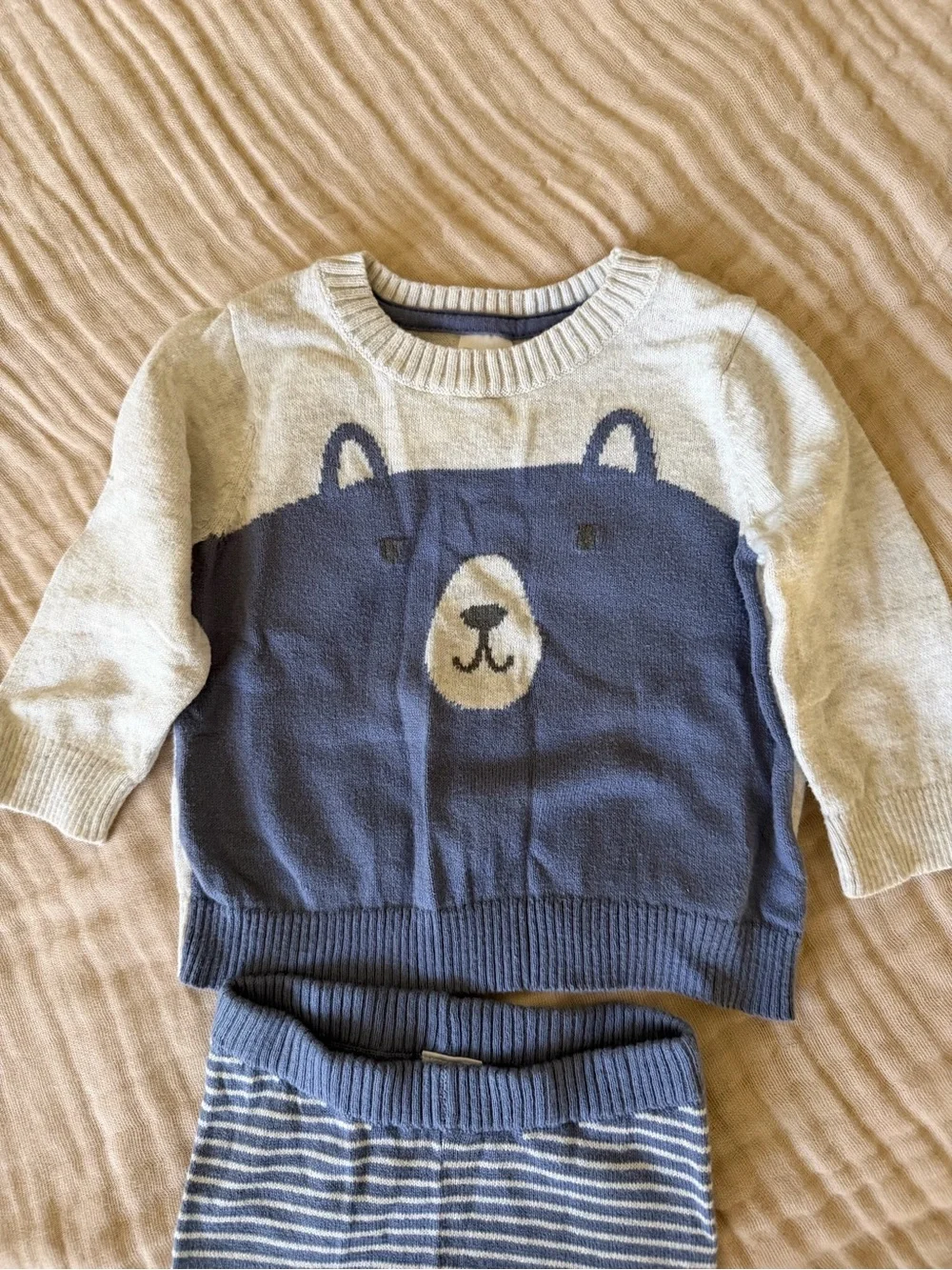 Carter's Blue and Cream Bear Knit Sweater with Striped Leggings 6M